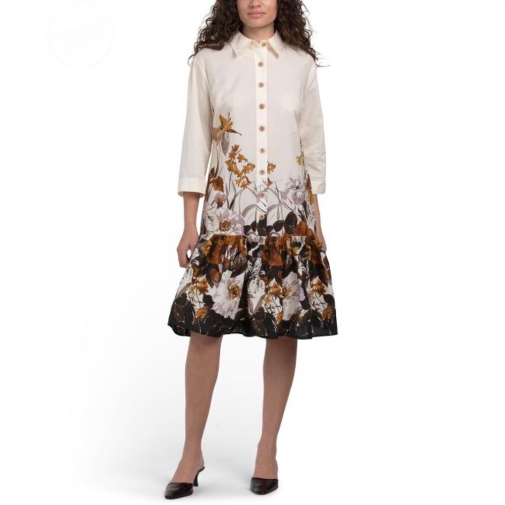 TERI JON cotton border print flounce hem shirt dress